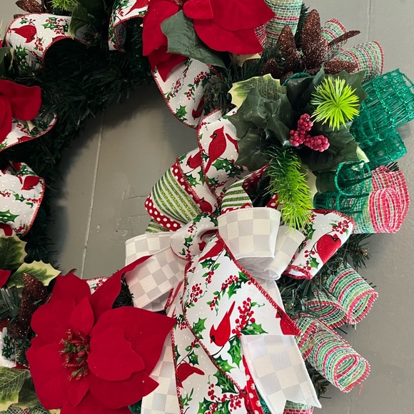 Elegant Red Poinsettia Holiday Wreath - Picture 2 of 4